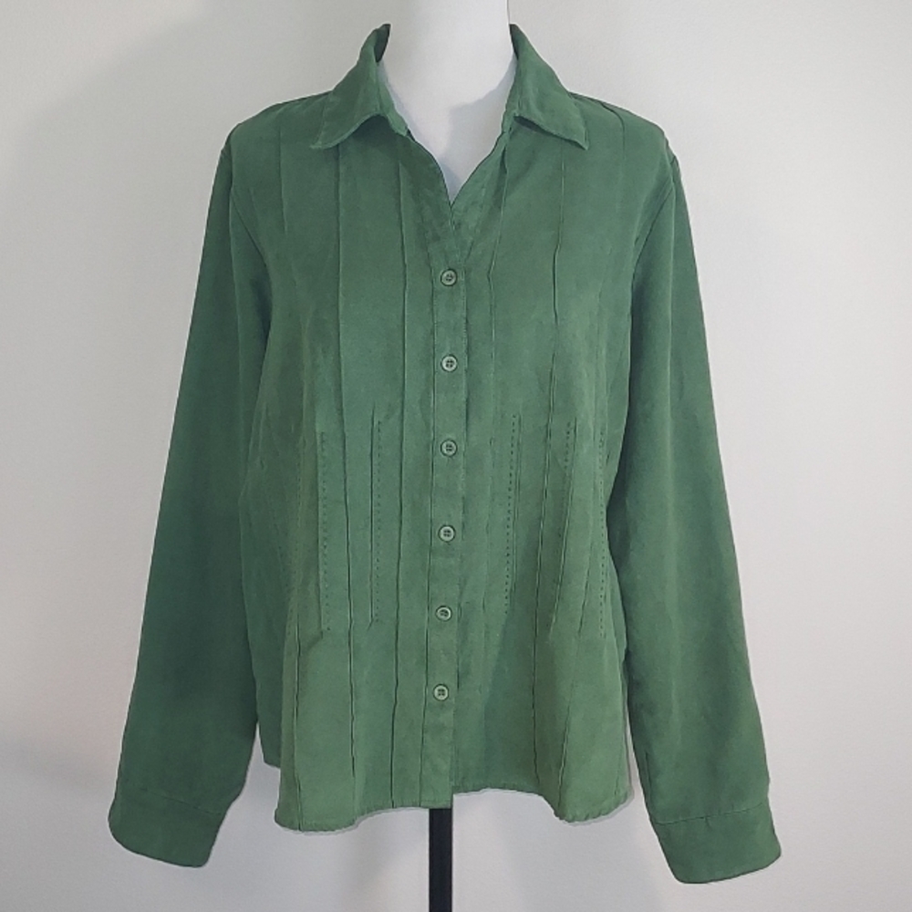 Lemon Grass Studio Green Faux Suede Button-Up Blouse Shirt Size XL